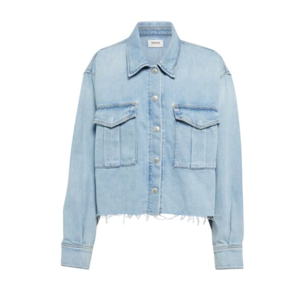 AGOLDE NYX Denim Jean Shirt Jacket Womens XL Blue Button Down Long Sleeve Fringe - Picture 1 of 13